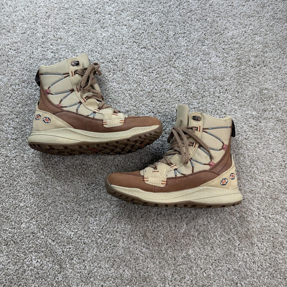 Merrell Boots Womens Size 8.5 Brown Snow Faux Fur Ankle Lace Up Winter Geometric